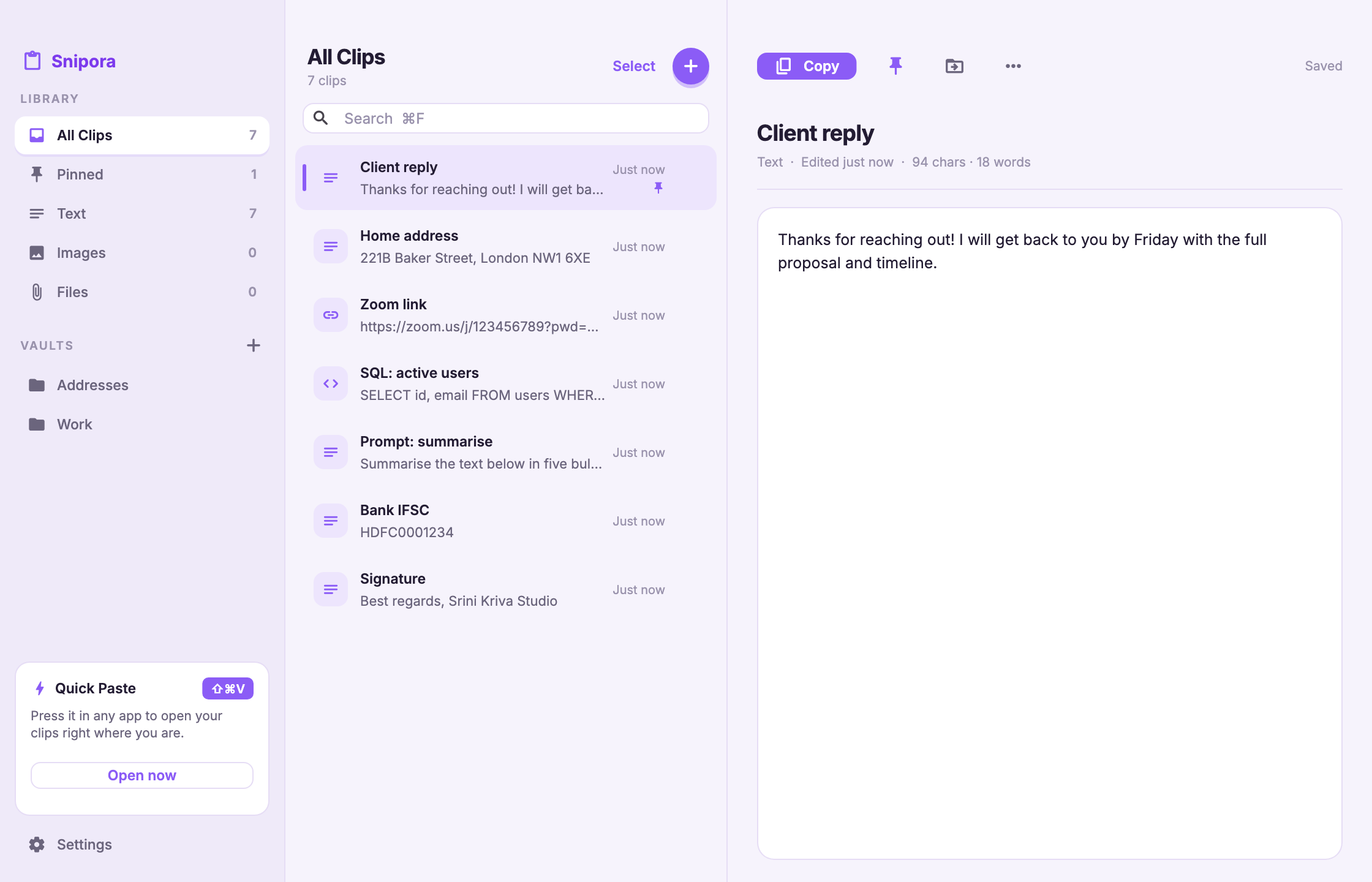 Snipora for Mac: sidebar vaults, searchable clip history, and snippet editor